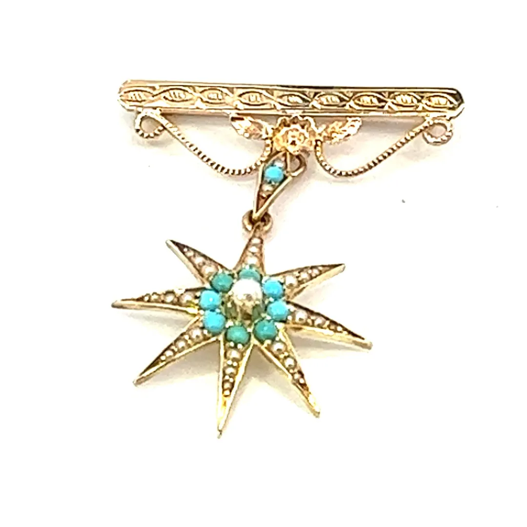 Turquoise and Pearl Star Brooch