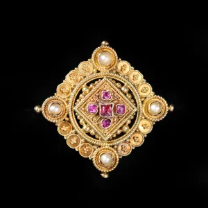 Victorian Etruscan Revival Ruby and Pearl Brooch