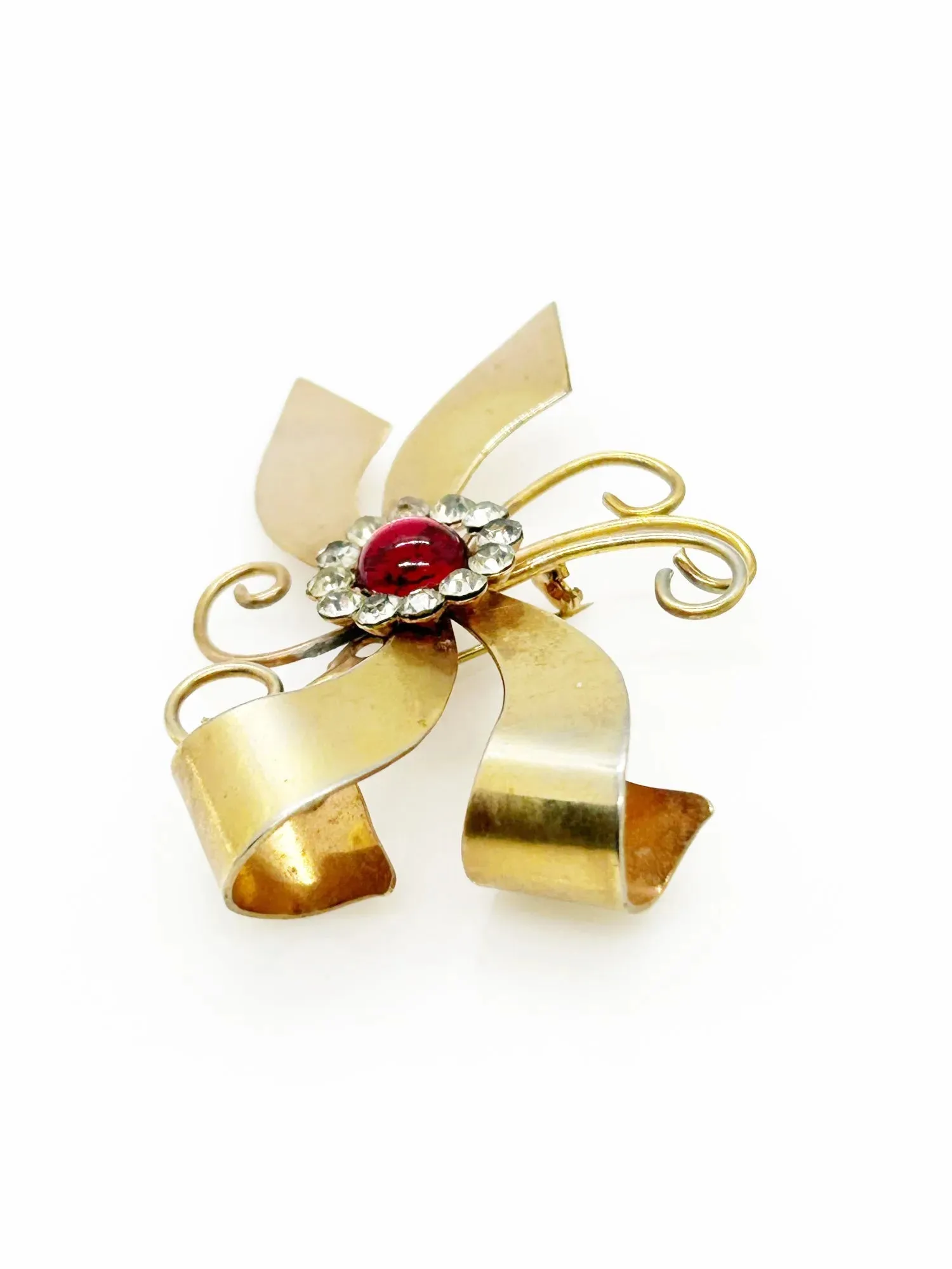 Vintage Abstract Bow Brooch with Red Cabochon and Bright Rhinestones