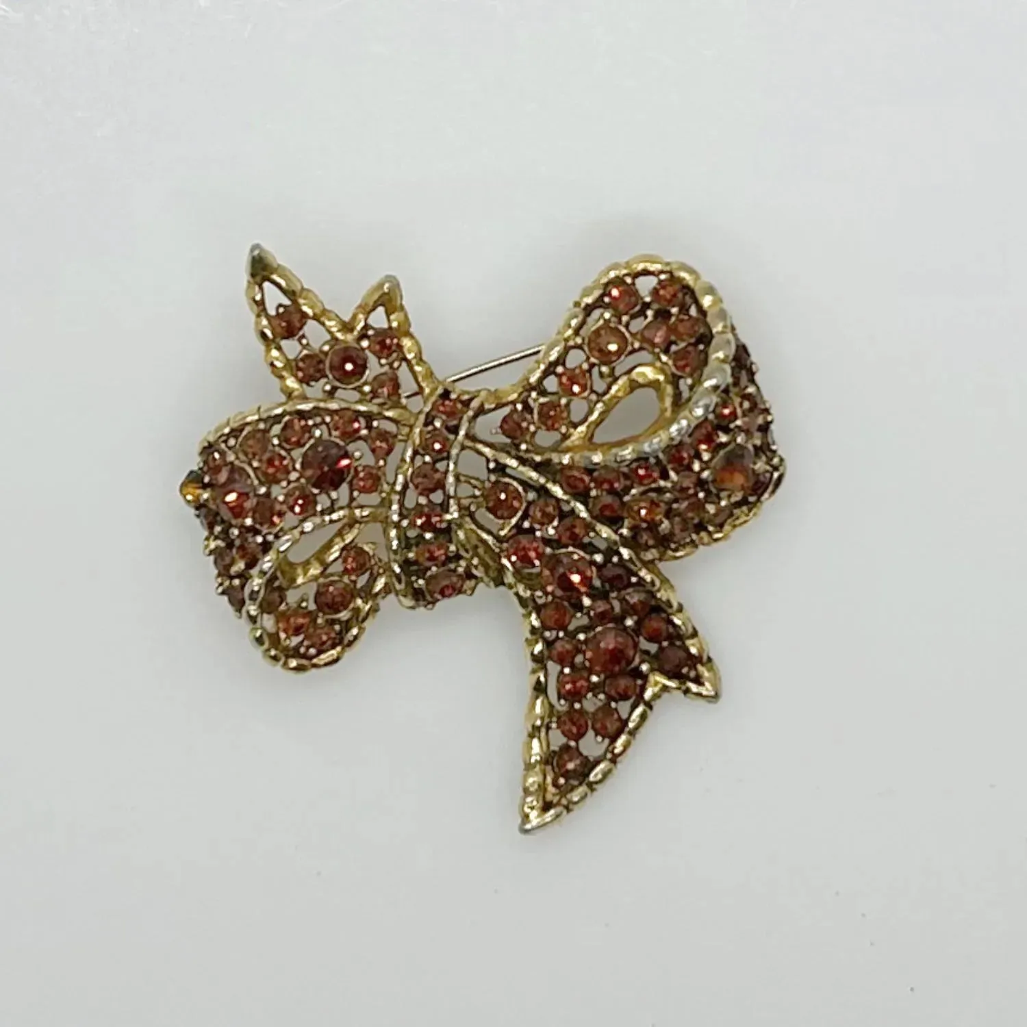 Vintage Amber and Golden Browns Rhinestone Bow Brooch