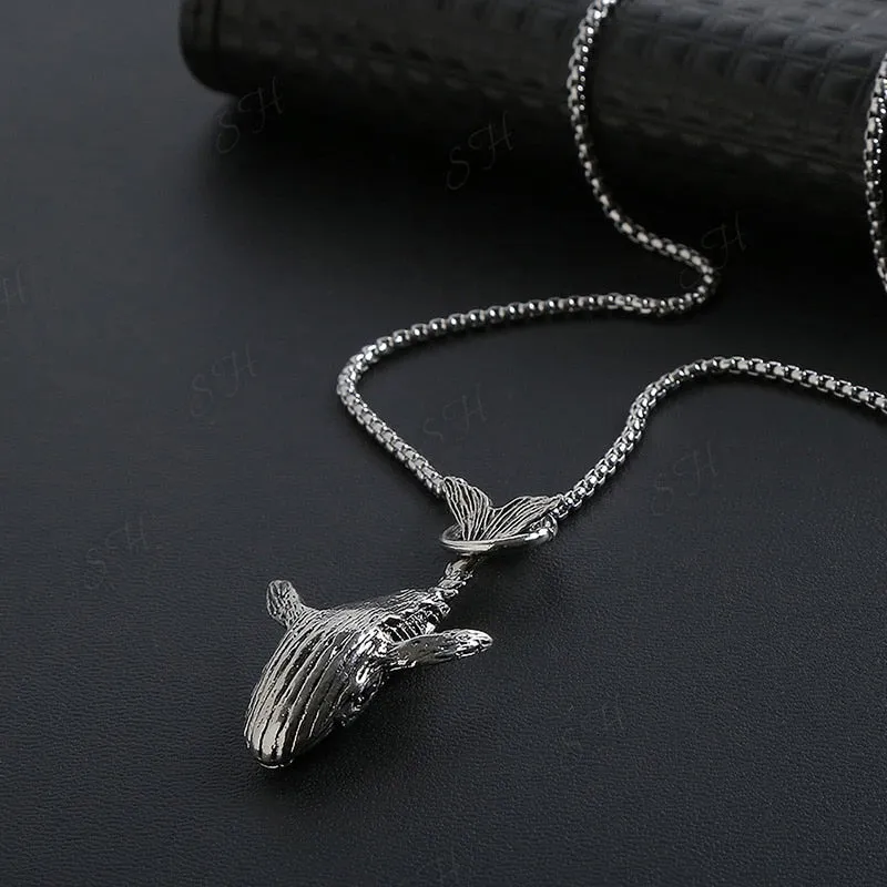 Vintage Gothic Blue Whale Pendant Necklace For Punk Men and Women Simple Fish Necklaces Sweater Chain Accessories Jewelry