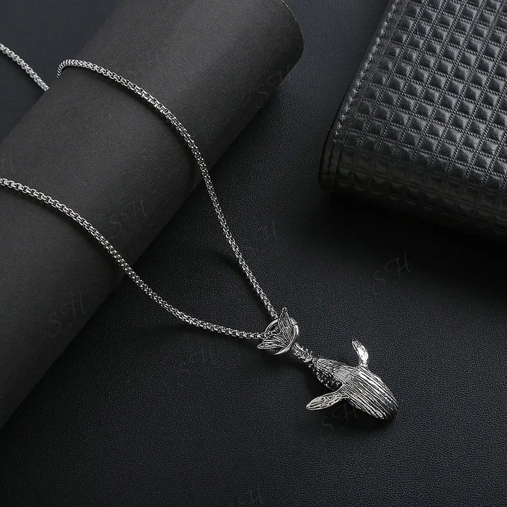 Vintage Gothic Blue Whale Pendant Necklace For Punk Men and Women Simple Fish Necklaces Sweater Chain Accessories Jewelry